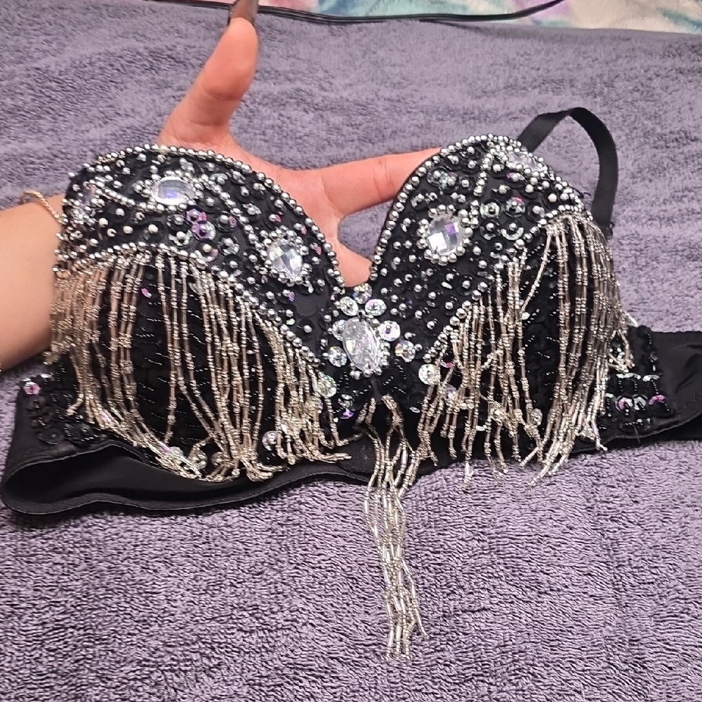 Embellished Black Beaded Fringe Bra